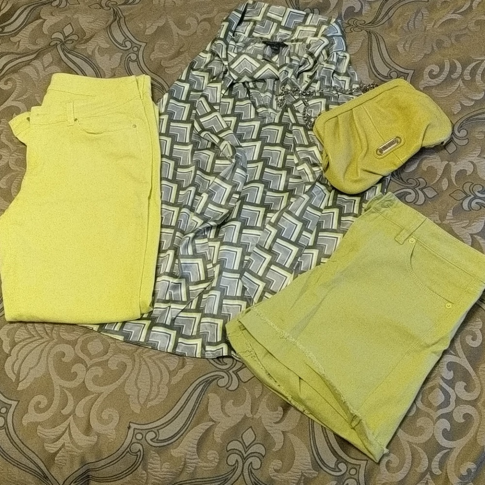 Cute outfit with matching jeans, shorts, and purse